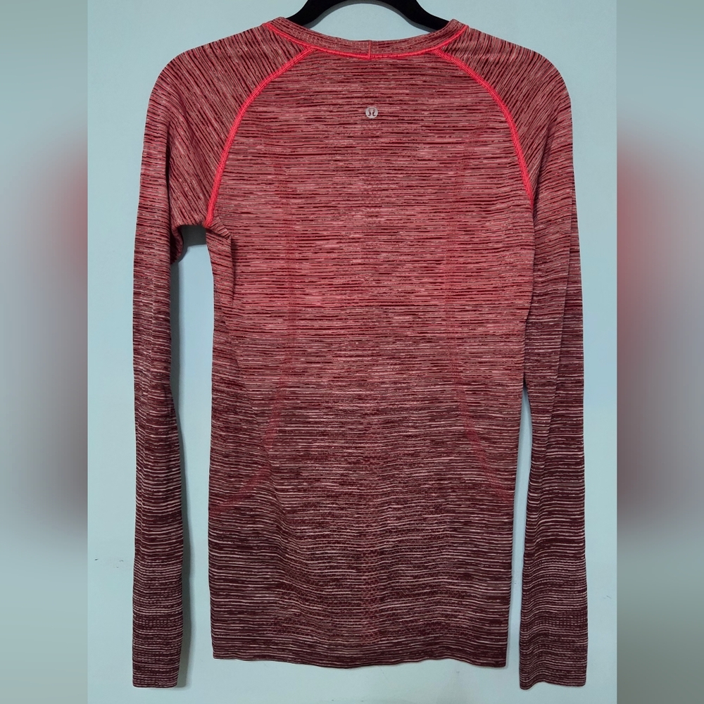 This is a Lululemon Swiftly Tech Long Sleeve Crew shirt in a red ombre colorway. - Picture 5 of 8